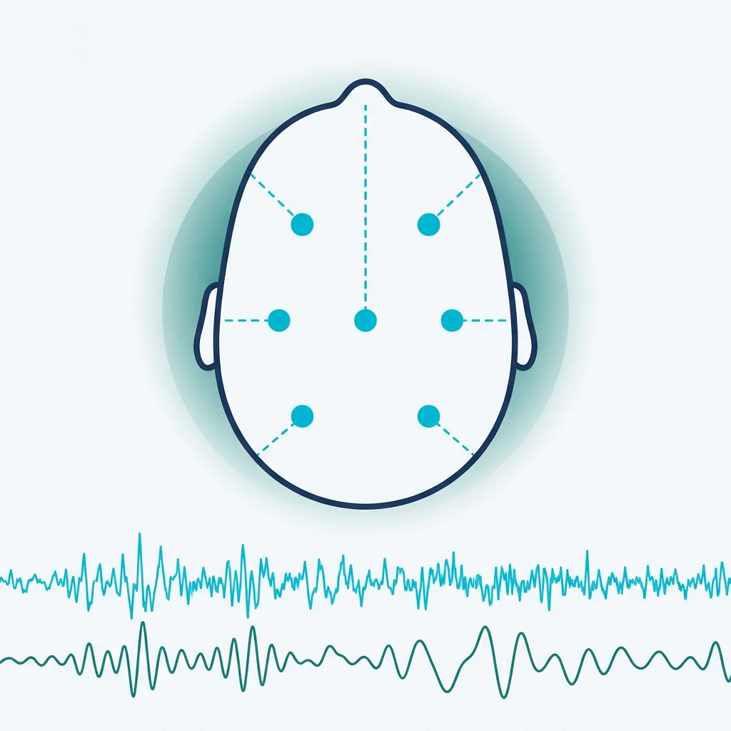Schéma d’un enregistrement EEG avec des électrodes sur le cuir chevelu et deux tracés électriques